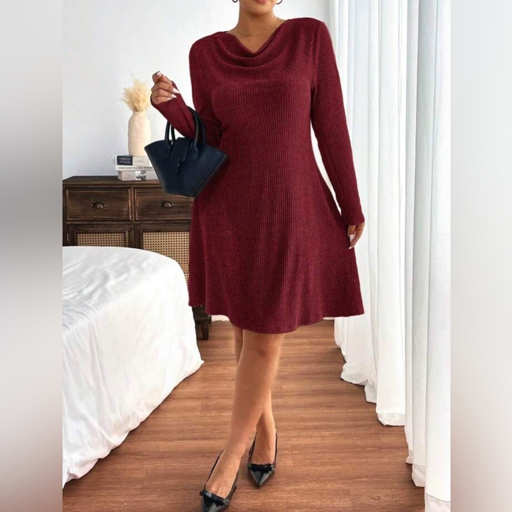 🌹‎ Chic Burgundy Knit Dress by SHEIN – Long Sleeve Elegance ✨ - Picture 4 of 5